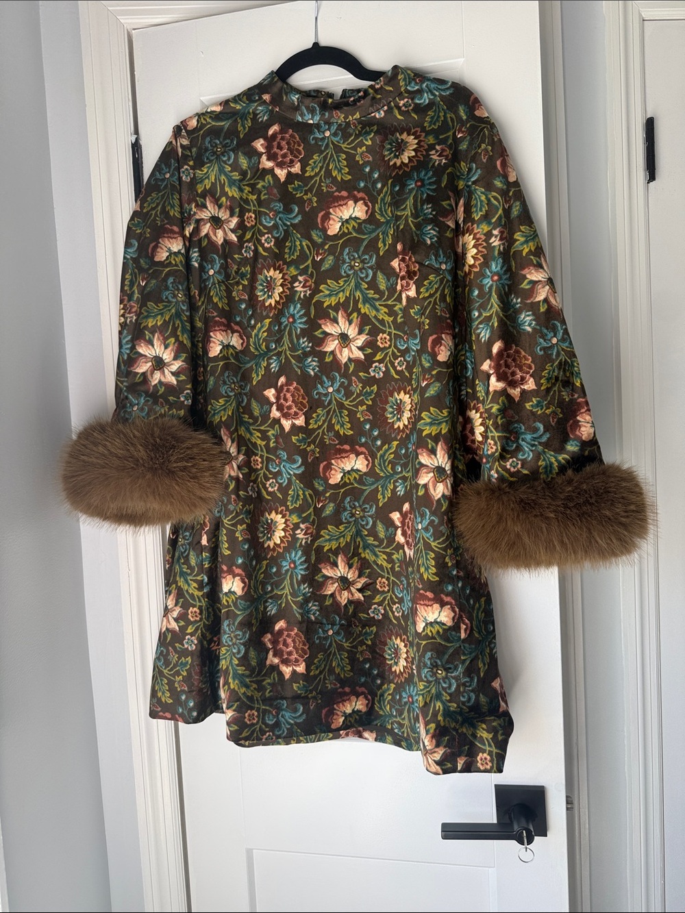 Tuckernuck Brown Floral Dress with Fur Cuffs